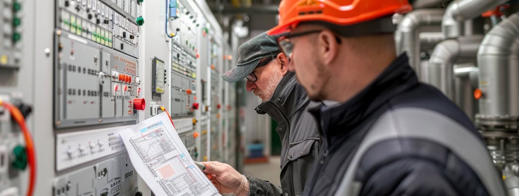 Elektroingenieure planen das Layout für neue Produktionseinheiten.