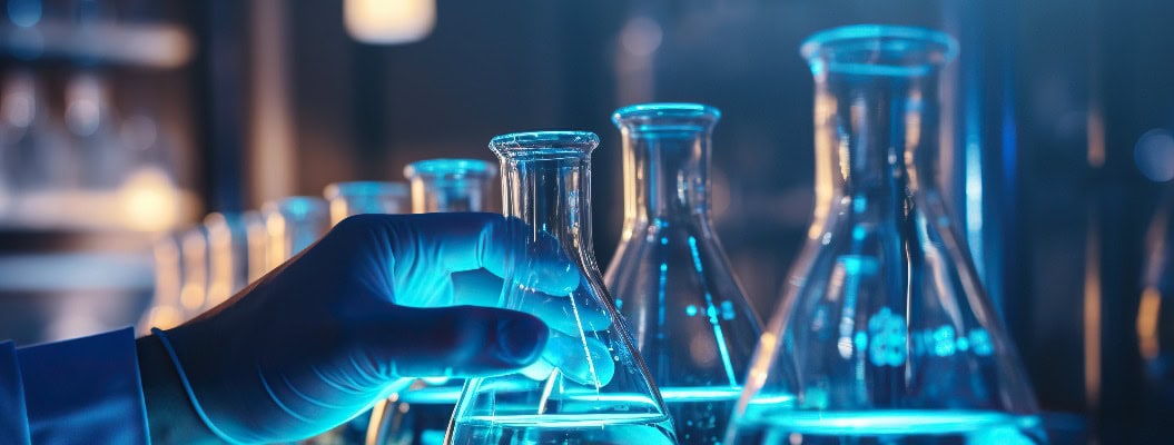 Wissenschaftlerin im Labor, die eine blaue Substanz in einem Becherglas analysiert und medizinische Forschung für die pharmazeutische Entdeckung, biotechnologische Entwicklung im Gesundheitswesen, Wissenschaft und Chemiekonzept betreibt